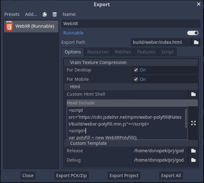 Godot export dialog with WebXR settings showing