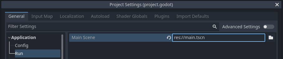 Showing the "Main Scene" setting in Project Settings