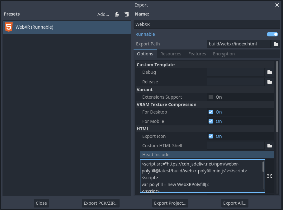 Export dialog in Godot 4 showing WebXR export settings